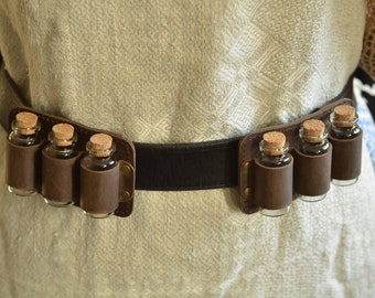 Set of triple brown leather potion holders, bottles for larp, steampunk belt accessories