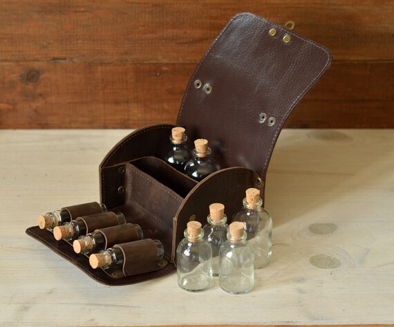 Small Brown Leather Travel Apothecary Case, Victorian Traveling