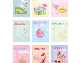 May include: Nine colourful square cards with different designs and text. The cards feature a baseball field, a football stadium, a margarita, a map of Texas, a disco ball, a margarita with a lime, a thumbs up, a chili pepper, a guitar, and cowboy boots.