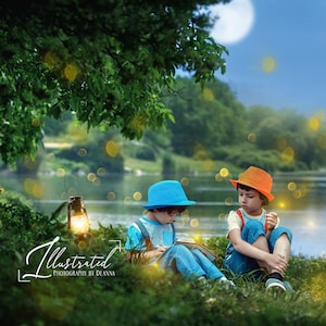 Fireflies Digital Backdrop, Camping Digital Background, Forest Digital Backdrop, Lake Digital Background, Fantasy Digital Backdrop,