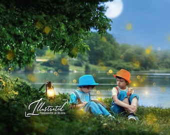 Fireflies Camping Lake Photography Digital Backdrop (Digital Download)