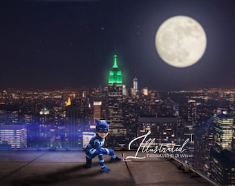 Night City Skyline Digital Photography Backdrop, Superhero Rooftop (JPEG)