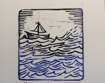 Tidal Race. An original, limited edition linocut print of a small boat