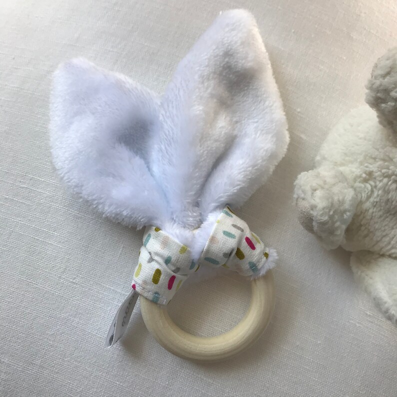 Rabbit ear rattle fabric with bells, wooden teething ring, gripping rattle pattern small multicolored strokes image 2