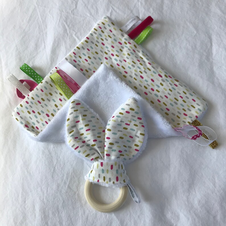 Rabbit ear rattle fabric with bells, wooden teething ring, gripping rattle pattern small multicolored strokes image 3