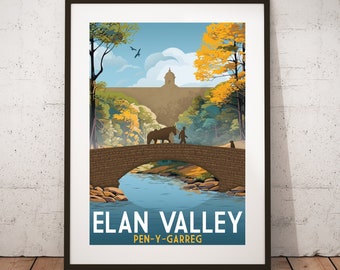 Elan Valley, Pen-Y-Garreg Dam - Vintage travel, tourism print : A3 size.