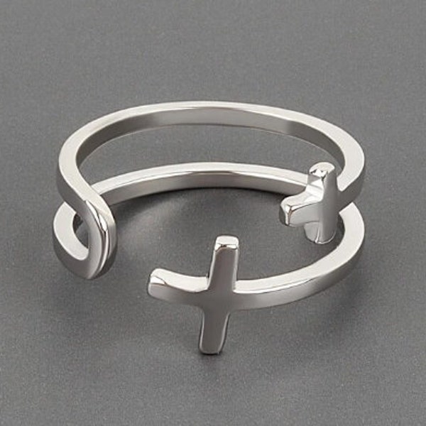 Bague double croix ajustable plaquée en argent 925 , bijoux femme, cadeau anniversaire, cadeau Noël, bijoux tendance S13