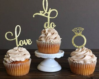 Ensemble de 12 topper cupcake love i do doré brillant