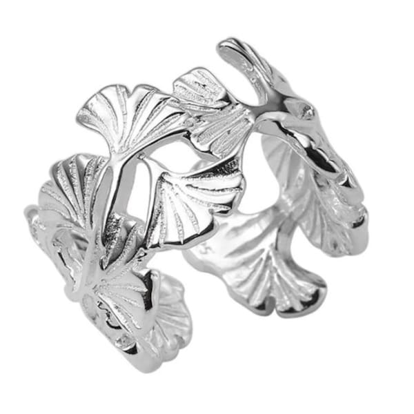 Adjustable 925 silver plated Ginkgo leaf ring, women's jewelry, birthday gift, Christmas gift, trendy jewelry S33