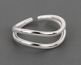 Bague double vagues ajustable plaquée en argent 925 , bijoux femme, cadeau anniversaire, cadeau Noël, bijoux tendance S118