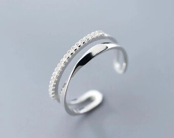 Bague minimaliste à zircons ajustable plaquée en argent 925 , bijoux femme, cadeau anniversaire, cadeau Noël, bijoux tendance S58