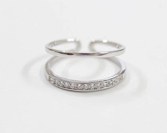 Bague à zircons deux double anneaux ajustable plaquée en argent 925 , bijoux femme, cadeau anniversaire, cadeau Noël, bijoux tendance S11