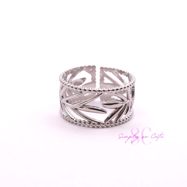 Bague petites feuilles ajourées ajustable plaquée en argent 925 , bijoux femme, cadeau anniversaire, cadeau Noël, bijoux tendance S68