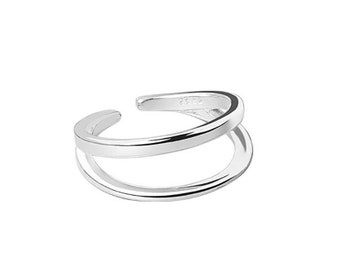 Bague double anneaux lisses ajustable plaquée en argent 925 , bijoux femme, cadeau anniversaire, cadeau Noël, bijoux tendance S07