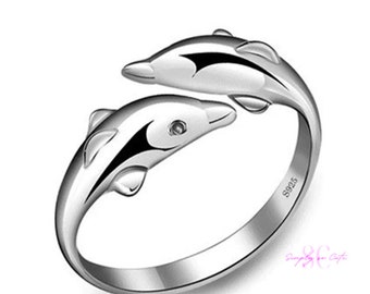 Bague dauphins ajustable plaquée en argent 925 , bijoux femme, cadeau anniversaire, cadeau Noël, bijoux tendance S148