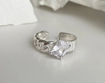 Bague zircon rectangulaire  ajustable plaqué en argent 925 , bijoux femme, cadeau Noël, Saint Valentin,  bijoux tendance S108