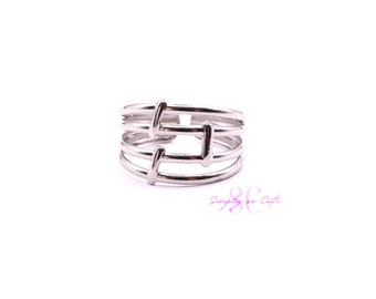 Bague barres et lignes ajustable plaquée en argent 925 , bijoux femme, cadeau anniversaire, cadeau Noël, bijoux tendance S44