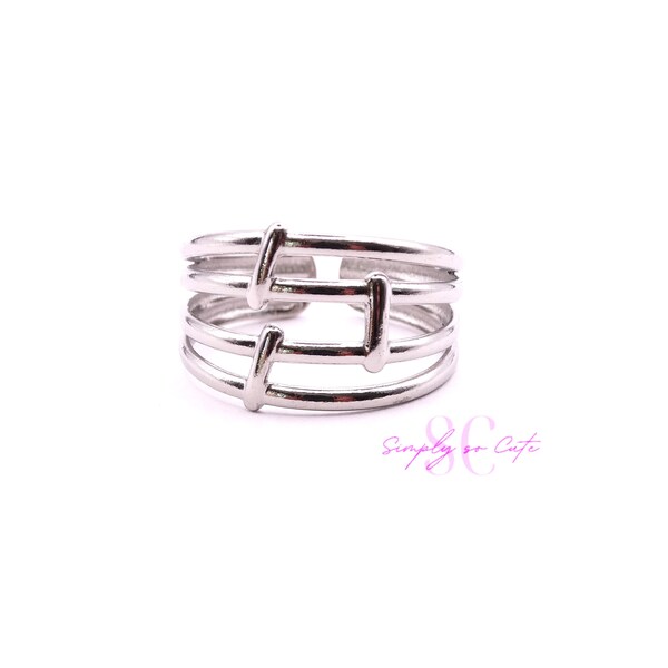 Bague barres et lignes ajustable plaquée en argent 925 , bijoux femme, cadeau anniversaire, cadeau Noël, bijoux tendance S44