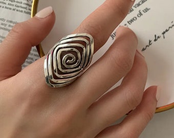 Bague large losange ajustable plaquée en argent 925 , bijoux femme, cadeau anniversaire, cadeau Noël, bijoux tendance S38