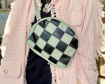 Checkerboard purse / handmade leather sling bag / black and sage green checkered bag