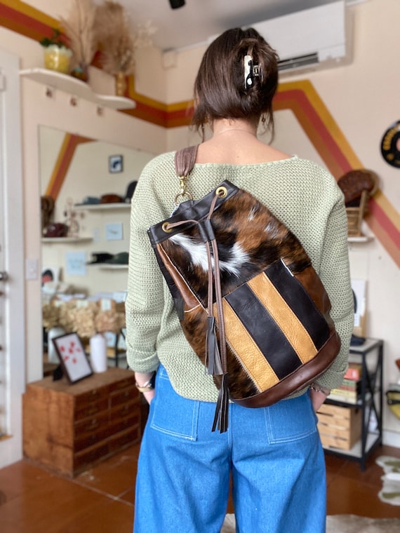 Brown Leather Bucket Bag Patchwork Leather Backpack Woman s Hair on Hide Purse Etsy