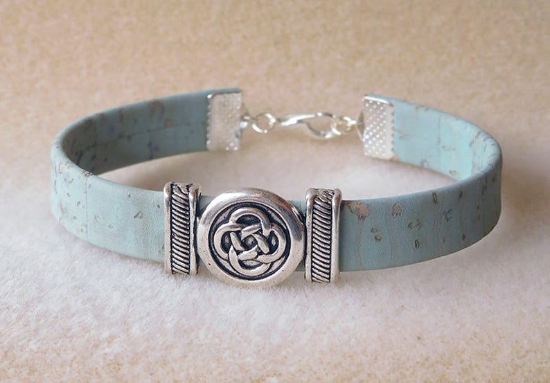 Blue Green turquoise Cork and silver Celtic knot charm bracelet
