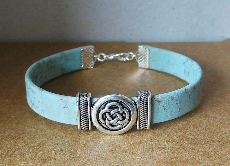 Blue Green turquoise Cork and silver Celtic knot charm bracelet