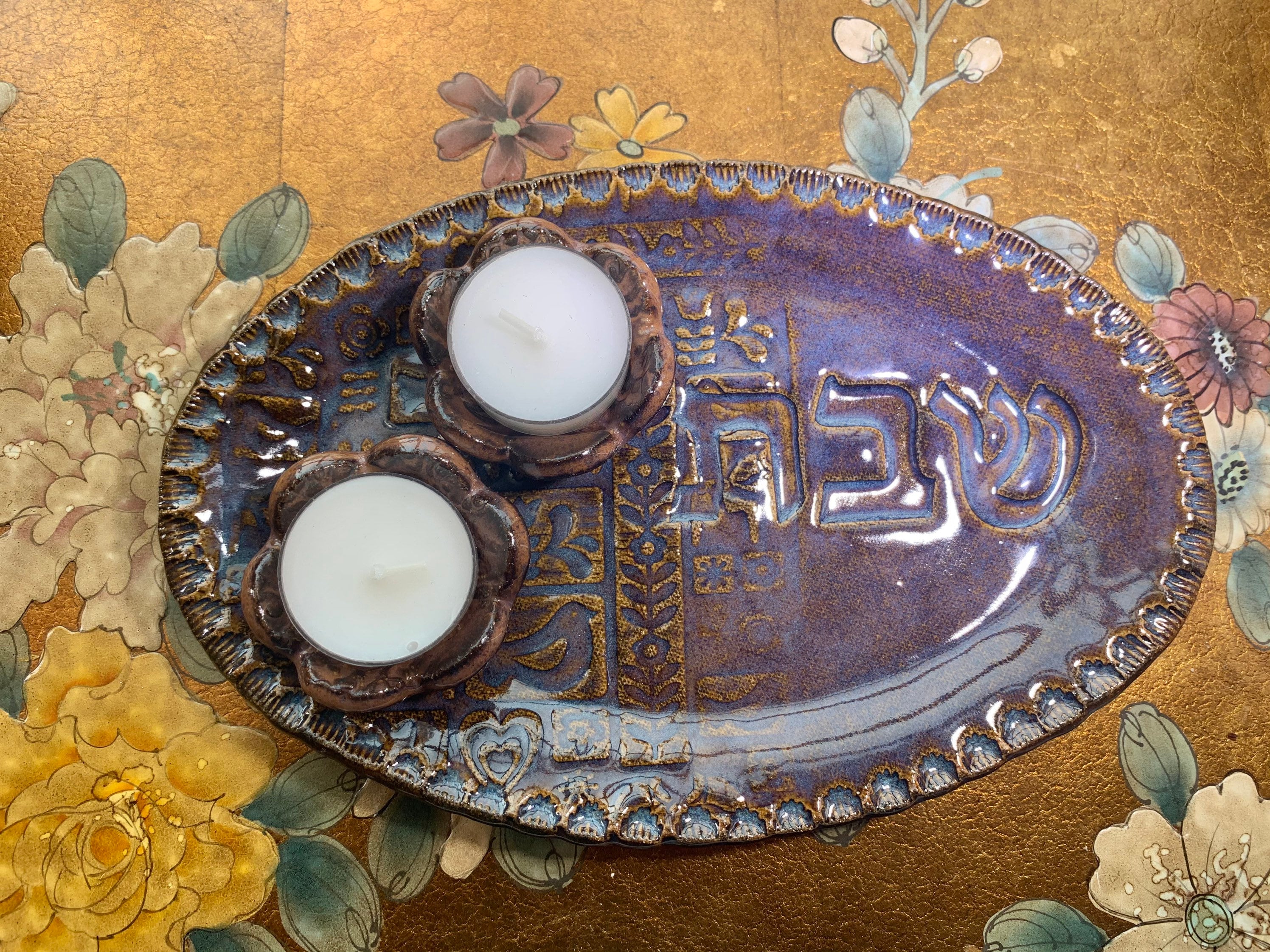 Shabbat Candlesticks. Ceramic Shabbat Tray. Blue Pottery Etsy