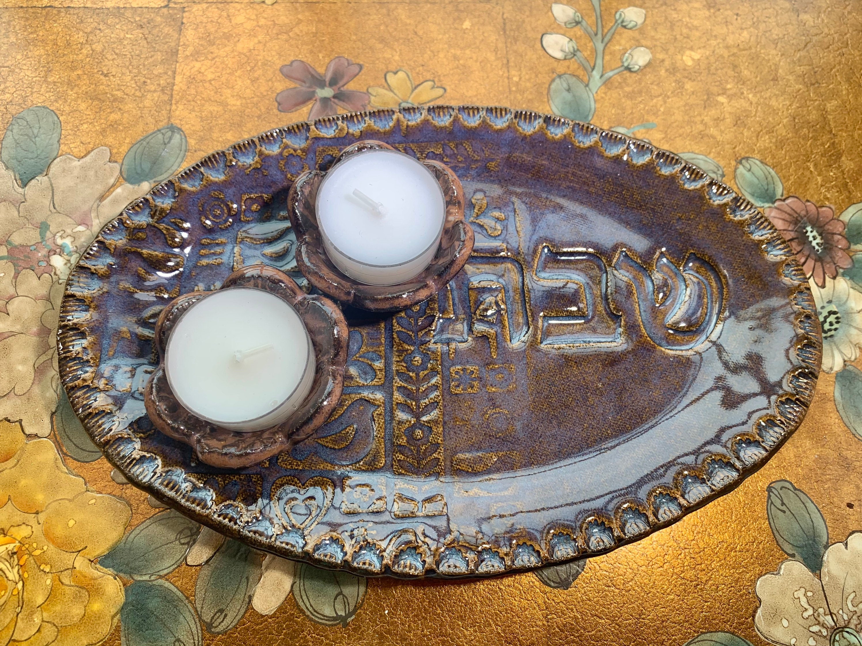 Shabbat Candlesticks. Ceramic Shabbat Tray. Blue Pottery Etsy