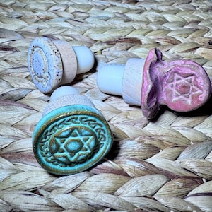 Shabbat & Jewish Holidays Wine Stoppers – Set of 3 | Handmade Israeli Ceramic Wine Sealers | Judaica Gift