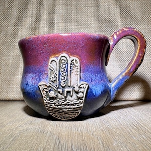 Handmade Coffee Mug with a Hamsa, Jerusalem, Chai (life), Israeli Flag, and Tree of Life. Hamsa and Tree of Life Coffee Cup.