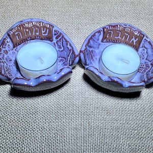Ahava (love) and Simcha (happiness) tea light candle Holders. Tea light Shabbat Candles Set. Ceramic Hamsa Tea light Holders. Shabbat gifts