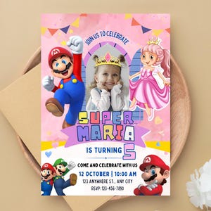 Cartão de convite de aniversário da princesa Super Mario, Super Mario Bros, convite da princesa Mario, convite de aniversário da princesa Peach Download instantâneo