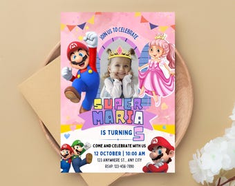 Super Mario Princess Birthday Invitation Card, Super Mario Bros, Mario Princess Invitation, Princess Peach Birthday Invite Instant Download