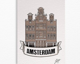 Amsterdam houses A4 print, fine art, drawing, illustration, gift, poster, wallart, interior design, contemporary, decoration