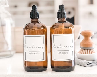 16oz Refillable Glass Clear or Amber Bottle Dispenser | Shampoo Bottle | Bathroom Bottle | Dish Soap Bottle | Classic Farmhouse Soap Label