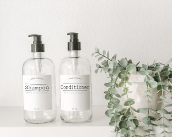 16 oz Clear or Amber Glass Bottle with Pump | Shampoo Bottle | Bathroom Bottle | Dish Soap Bottle | Classic Farmhouse Bottle Label