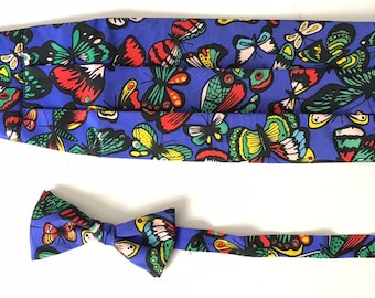 Vintage Colorful Butterfly Cummerbund & Bow Tie, Cummerbund Bow Tie Set, Wild Preppy Print Bow Tie, Formal Event Wedding, Butterfly Bow Tie