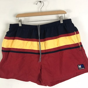 90s Nautica Red Yellow & Red Striped Short Swim Trunks Mens Size XL, Retro Swim Trunks, Short Mens Swim Trunks, Vintage Nautica, Summer image 1