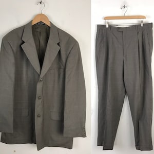 90s Tan Plaid Two Piece Suit Mens Size 43R & 38W, Preppy Plaid Mens Suit, Vintage Formal Event Plaid Suit, Tan Plaid Mens Suit image 1