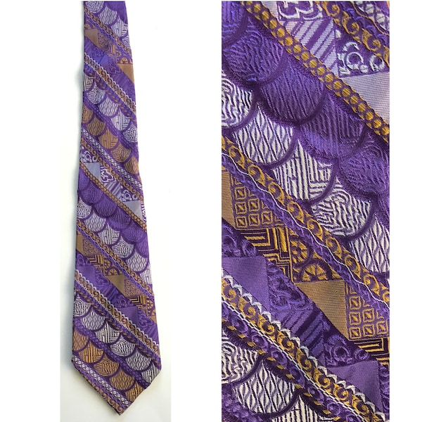 Vintage Mens Purple Tie, 70s Yellow & White Print Tie, Vintage Print Tie, Abstract Print Tie, 1970s Necktie, Funky Retro Tie, Print Necktie