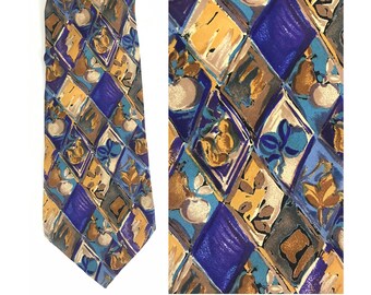 90s Blue & Yellow Abstract Print Tie, Apple Pear Floral Tie, Artsy Tie, Abstract Print, Abstract Tie, Blue Yellow Necktie, Artist Tie