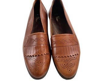 Vintage Light Brown Wingtip Loafers Mens Size 12M, Brown Tassel Front Design Slip On Loafers, Classy Business Formal Event Leather Shoes
