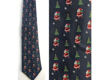 90s Silk Christmas Tie: Santa & Tree Print, Holiday Traditions