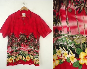 Vintage Mens Car Hawaiian Shirt,90s Old Fashion Car Palm Tree Shirt Size XL, Mens Hawaiian Shirt, Beach Shirt, Summer Shirt, Hawaii,90s Mens