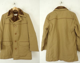Vintage Mens Winter Coat, 70s Tan Coat with Faux Fur Size 38, McGregor Tan Coat, Coat Faux Fur Lining, 1970s Mens Coat, Tan Mens Coat, 70s