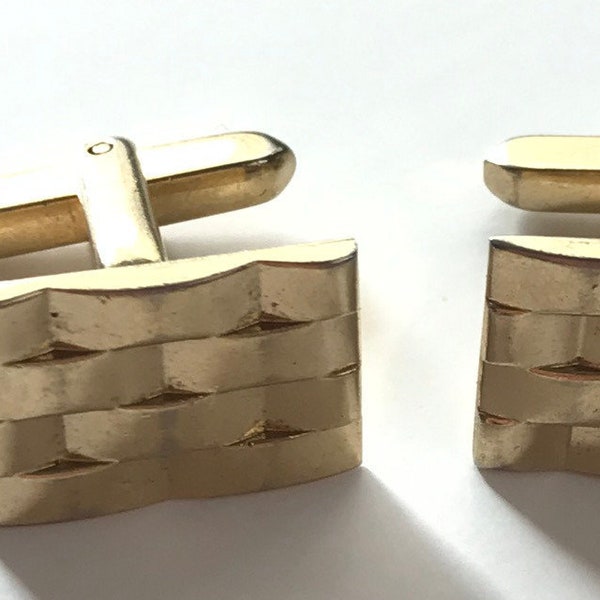 Vintage Gold Rectangle Patterned Cufflinks, Geometric Woven Look Cuff Links, Classic Gold Mens Cuff Links, Formal Event Wedding