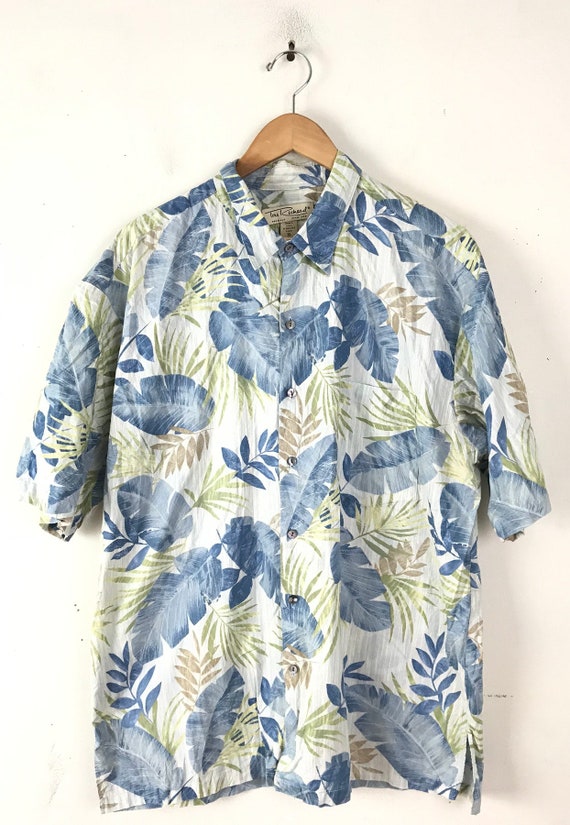 90s Tori Richard Blue & Green Leaf Print Hawaiian… - image 2