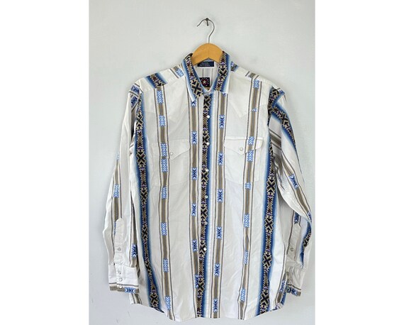 Vintage White Blue & Brown Tribal Print Western Sh
