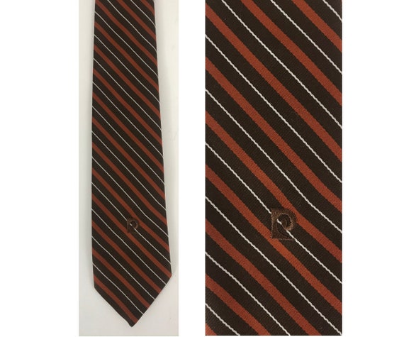 80s Pierre Cardin Brown & Orange Striped Tie, Vin… - image 1